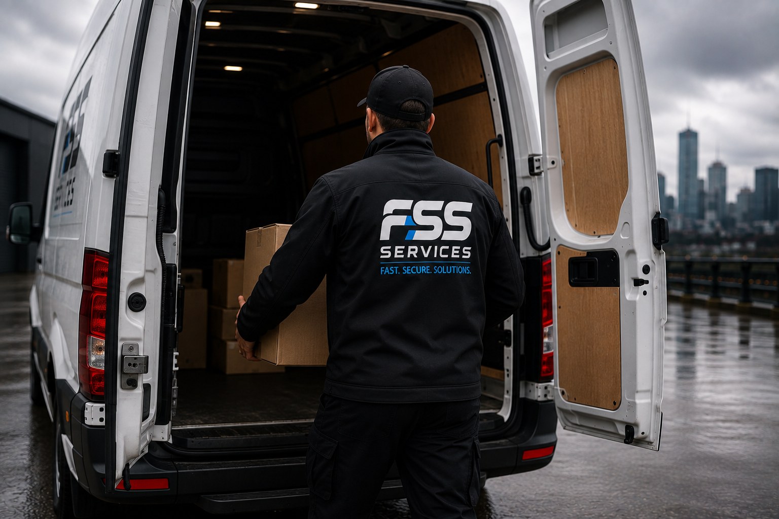 FSS Services courier delivering a parcel at sunset